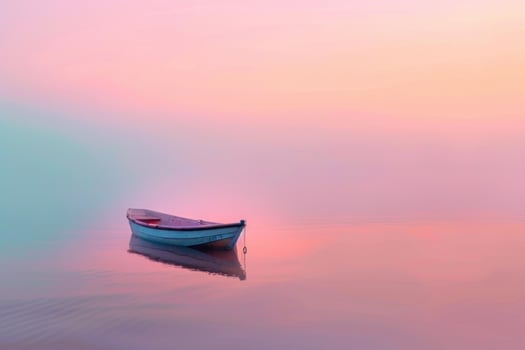 Small boat floating on calm water during sunset with pink and purple sky photo