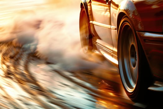 Red sports car drifting fast on a sunset road photo