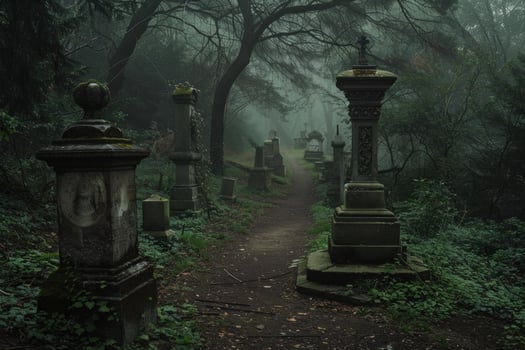 Fog covering path winding through cemetery photo
