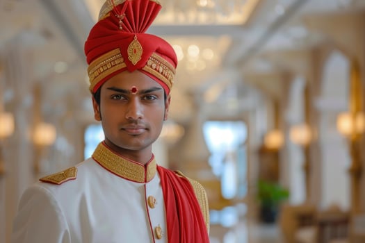 Indian doorman wearing traditional clothing greeting hotel guest photo