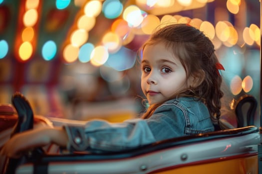 Little girl having fun riding bumper car at amusement park photo