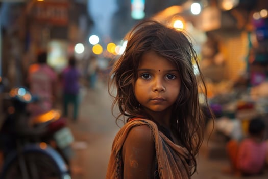 Young indian girl standing in busy city street at dusk photo