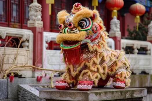 Traditional chinese lion costume standing in front of a temple photo