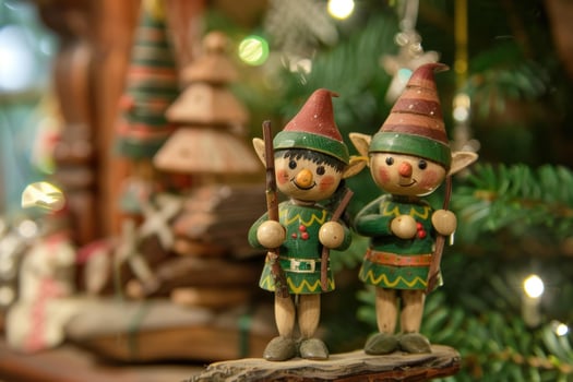 Two smiling wooden elf figurines holding sticks standing in front of decorated christmas tree photo