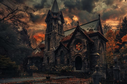 Ancient gothic church standing on a hill at sunset photo