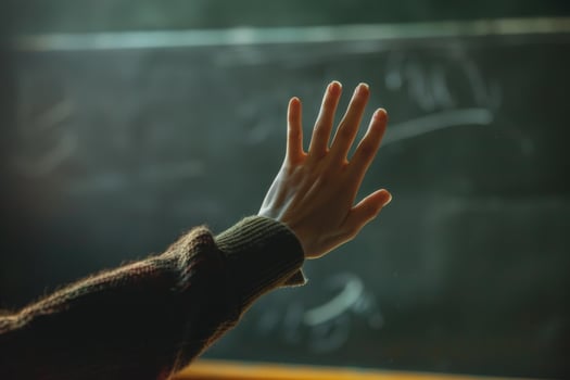 Student raising hand answering question on chalkboard photo