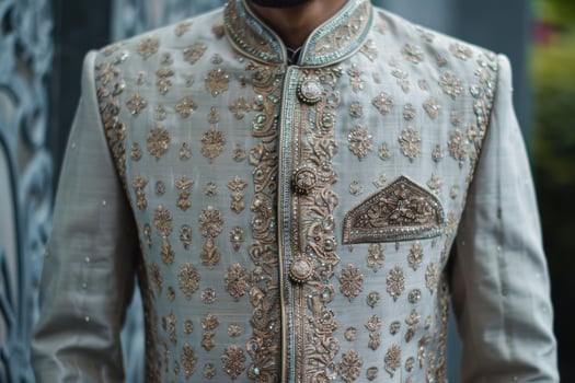 Groom wearing an achkan suit with embroidery detailing photo