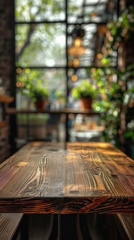 Wooden Table With Potted Plants in Restaurant photo