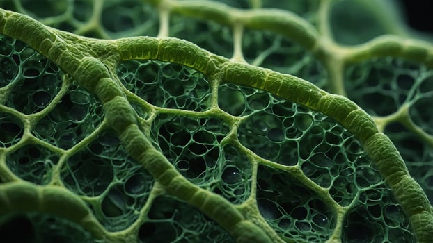 Closeup of plant cells, green structure, microscopic view. photo
