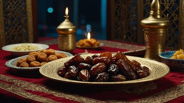 Ramadan iftars marks the end of fasting Table with dates, Oriental food and sweets Eid mubarak Traditional Middle Eastern cuisine, evening meal. photo