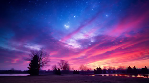 Colorful purple sunset on pink and violet sky. Neon background with a close-up. photo