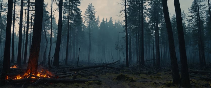 desolate cut down and burning mysterious forest desolate misty forest clearing. photo