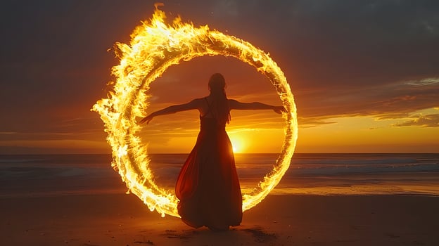 silhouette of a person on the beach ,A fire dancer performing at a beach photo