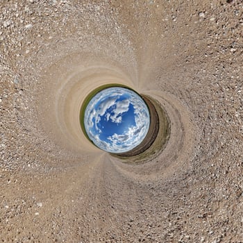 blue hole sphere or globe little planet inside sand or dry ground frame background photo