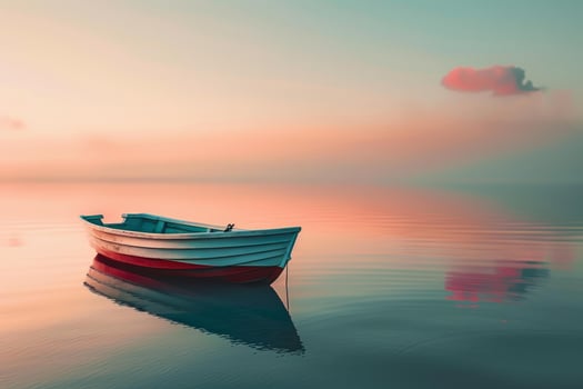 Small boat floating on calm water during a tranquil sunset photo