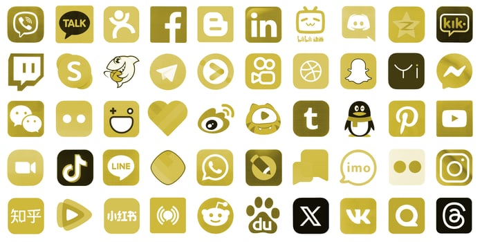 KYIV, UKRAINE - APRIL 1, 2024 Many icons of social media, messengers, sharing platforms photo