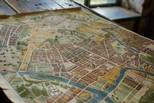 Old map showing city design with river flowing through photo