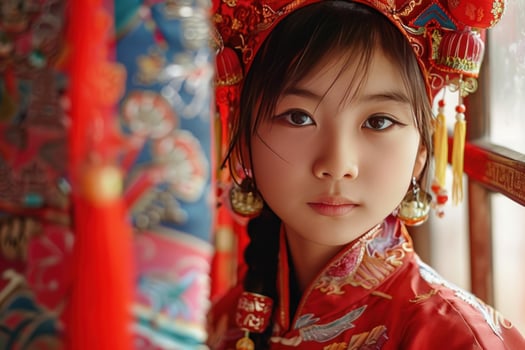 Young girl wearing traditional chinese dress posing by red lanterns photo