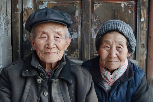 Elderly asian couple posing outdoors in rural setting photo