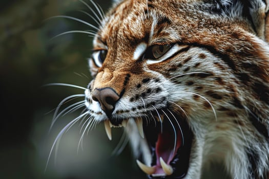 Eurasian lynx baring teeth showing canine teeth close up photo