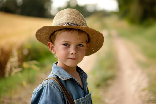 Young boy in straw hat on country road photo