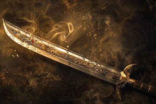 Mystical engraved sword on dark smoky background photo