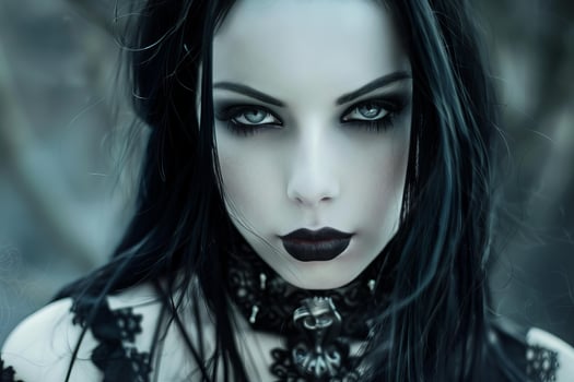 Gothic woman with black lipstick posing in nature photo