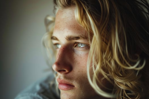Young man with long blond hair looking away from camera photo