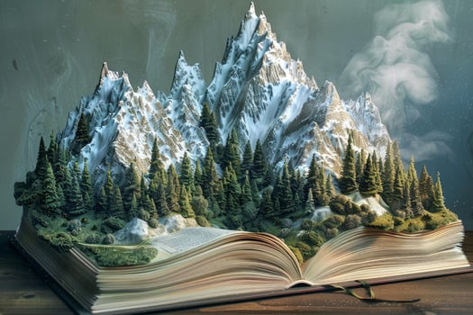 Open book revealing majestic mountain landscape growing from its pages photo
