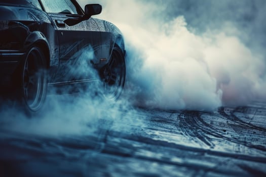 Black sports car burning rubber and generating smoke photo