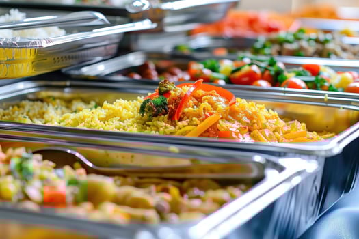 Catering buffet display with delicious food in trays photo