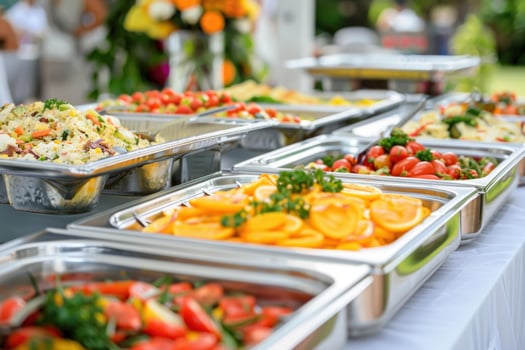 Catering buffet table at outdoor garden party with variety of fresh food photo