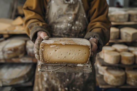 Cheesemaker holding a large piece of aged cheese in a cellar photo