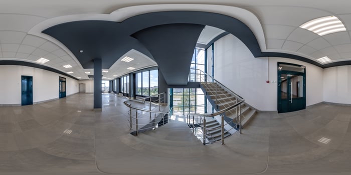 hdri 360 panorama in empty modern hall with columns, doors and panoramic windows in full seamless spherical equirectangular projection, ready for AR VR content photo