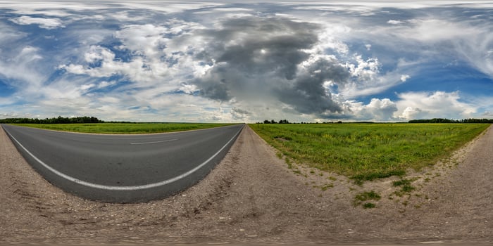 spherical 360 hdri panorama on side of asphalt road with rain storm clouds in dark sky in equirectangular seamless projection, as skydome replacement in drone panoramas, game development photo