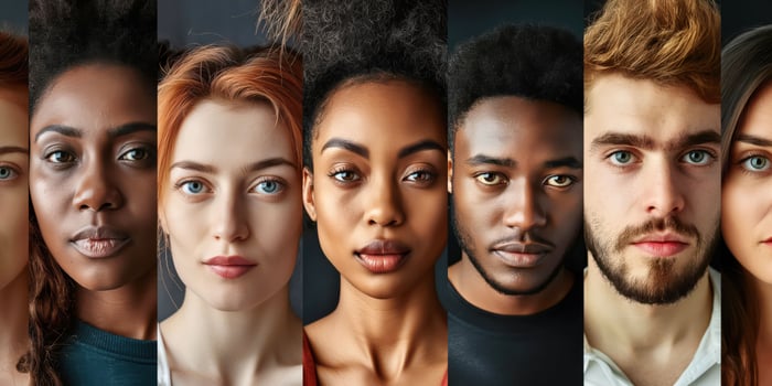 Diverse group of six people with distinct facial features, close-up portraits of men and women showcasing unique beauty, diversity concept photo