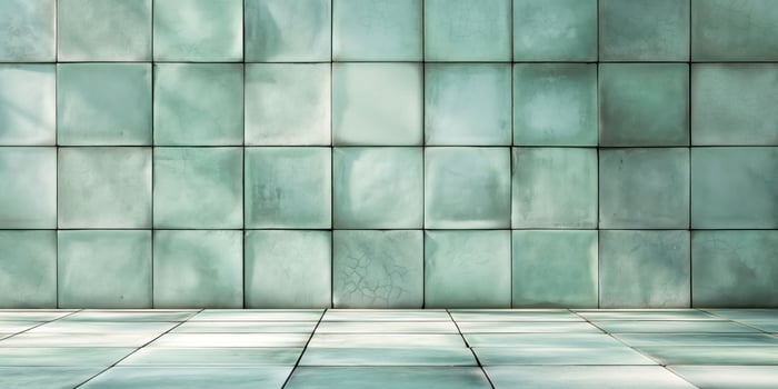 Aged green tiled wall, vintage grunge texture, old ceramic tiles, weathered concrete background, retro architecture, interior design concept photo