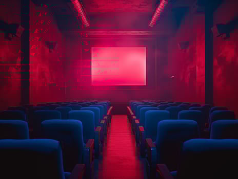 Theater with rows of seats and screen photo