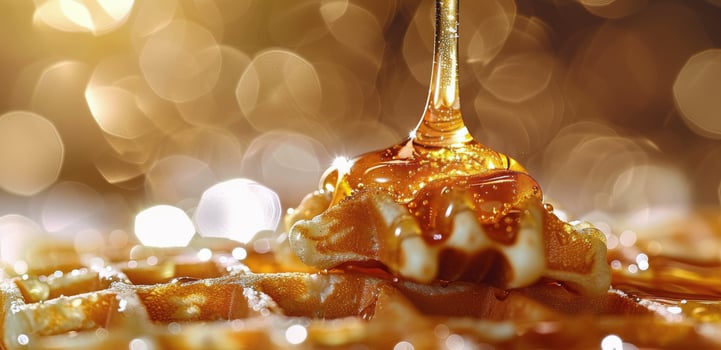 Golden Syrup Drizzling on Waffles With Bokeh Background photo