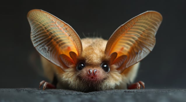 Brown Bat With Large Ears Perched On Rocks photo