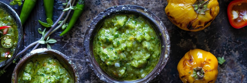 A smoky and y salsa verde made with grilled tomatillos and fiery grilled peppers photo