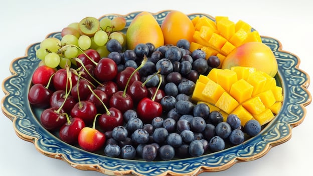 A treat for the senses a variety of juicy fruits including plump blueberries ripe cherries and juicy mango arranged in a colorful platter photo