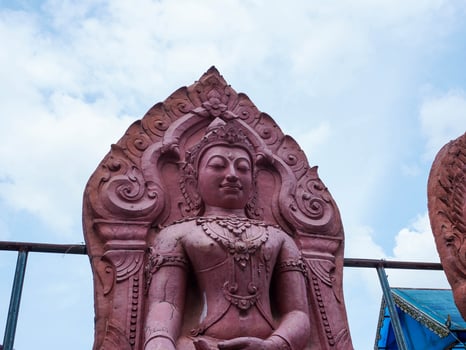 Big clay Buddha statue on a bright sky background - Landmark Famous sculpture statue in Thailand Temple. photo