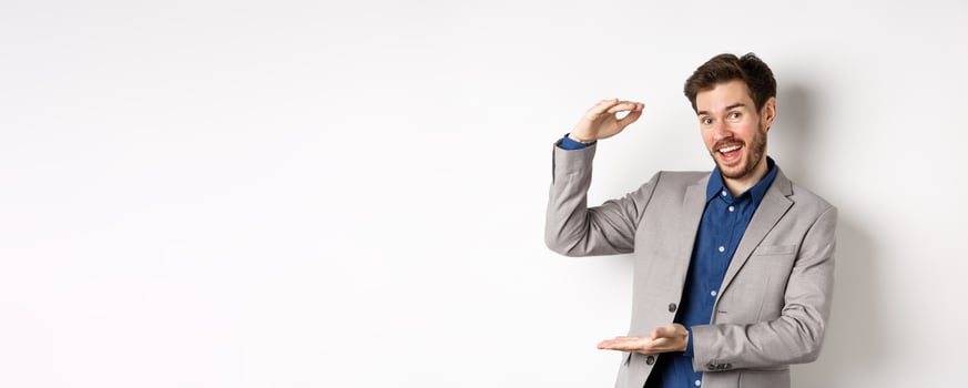 Handsome salesman in suit showing big size, large income, smiling at camera enthusiastic, standing on white background photo