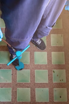 Pest exterminator employees are using pesticide sprayer at client's home and searching for as many nests as possible. An employee from pest control company is spraying chemicals to kill the insects. photo