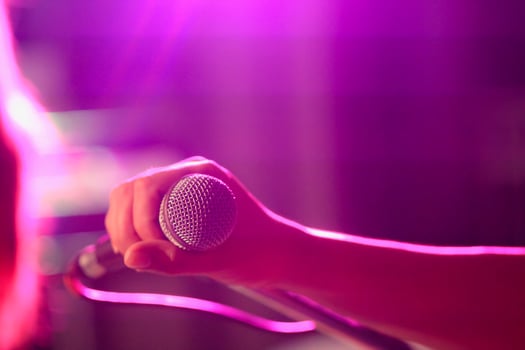 A silver vintage-style microphone is housed in the practice room to prepare singers to practice vocals through a quality microphone and record vocals to keep listening to improve their singing. photo
