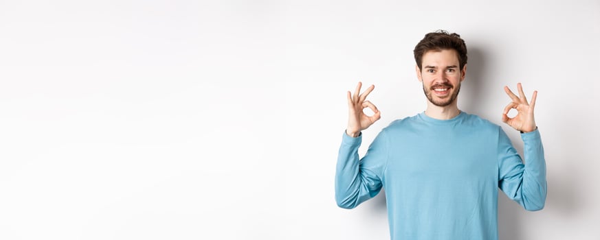 Very good. Smiling handsome guy showing okay signs and looking satisfied, standing over white background, approve excellent choice photo