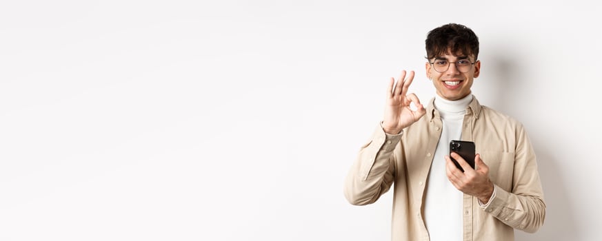 Technology and online shopping concept. Portrait of handsome modern guy in glasses showing OK gesture using smartphone, recommending app or shop, white background photo