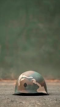 Camouflage Helmet on Concrete Floor. War Remembrance, Military Equipment, Veteran's Sacrifice, Copy Space. photo