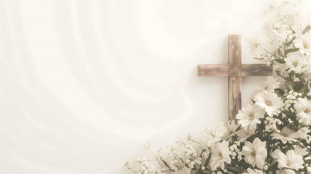 Composition with a Christian wooden cross and flowers against muted white background with space for text. Funeral invitation template photo